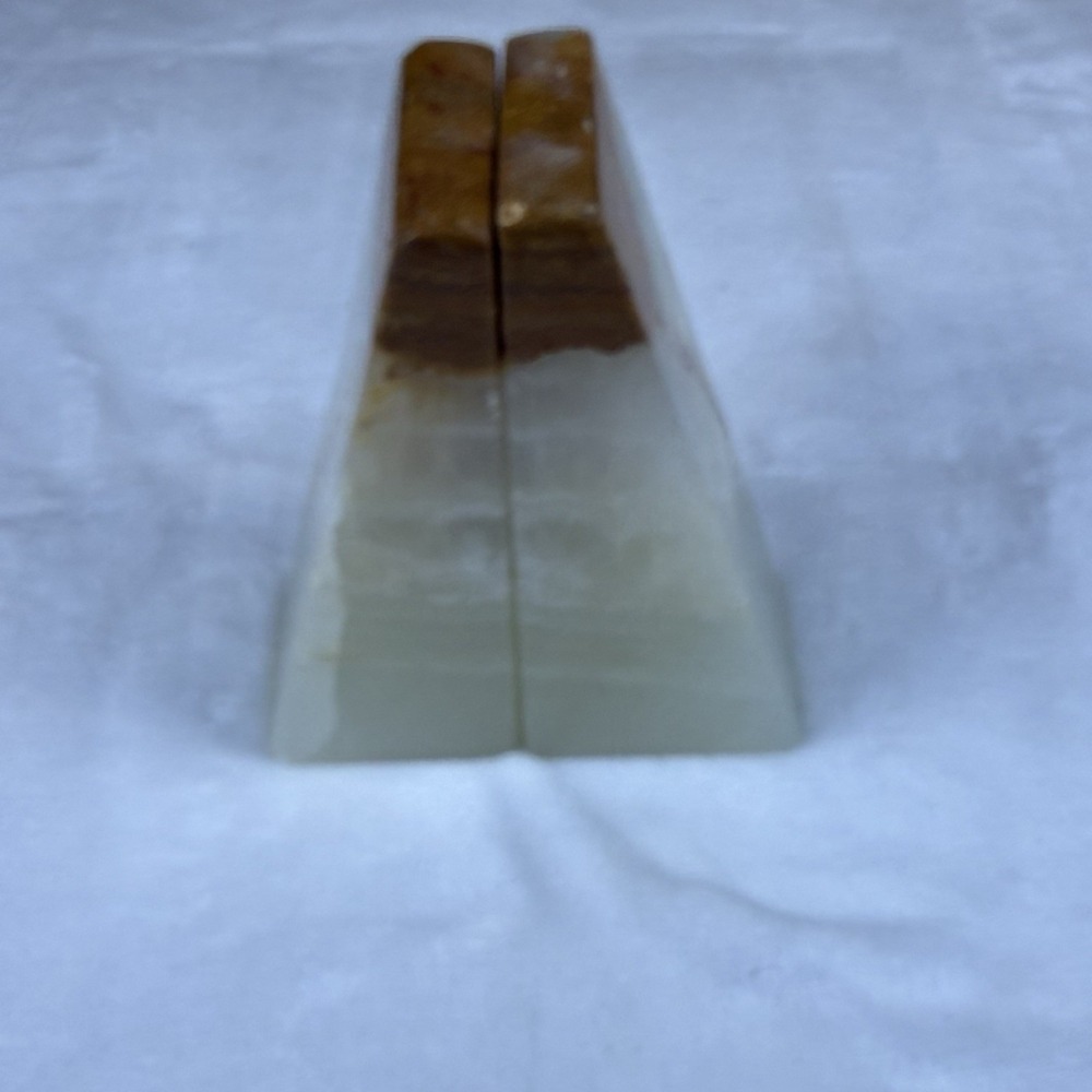 Vintage Green Onyx Marble Bookends Pair Natural Stone Brown Banded 7in Geometric - Picture 9 of 10